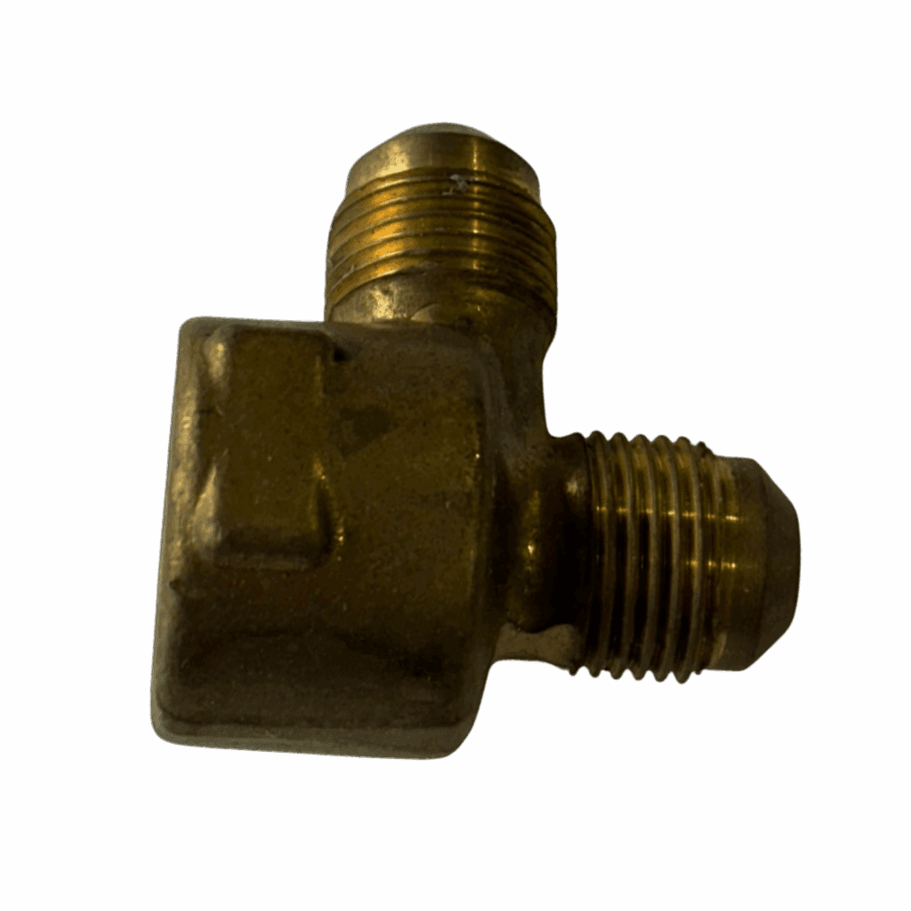 A brass elbow pipe fitting with threaded ends.
