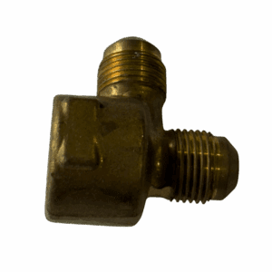 A brass elbow pipe fitting with threaded ends.