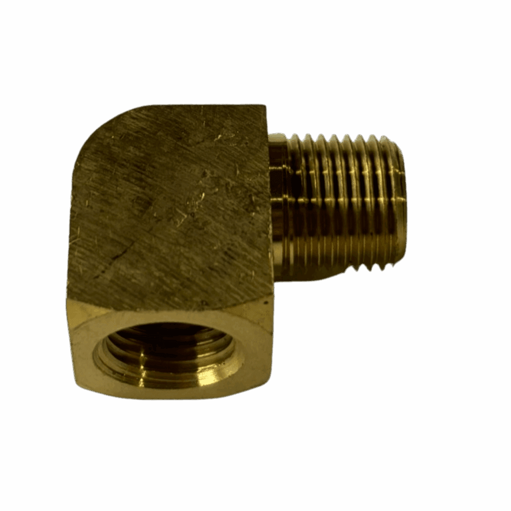 A brass right-angle pipe fitting with male and female threaded ends.