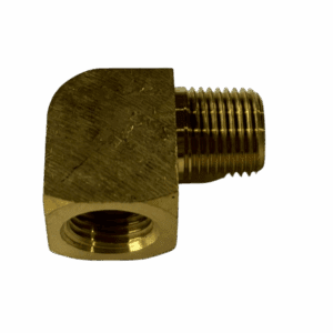 A brass right-angle pipe fitting with male and female threaded ends.