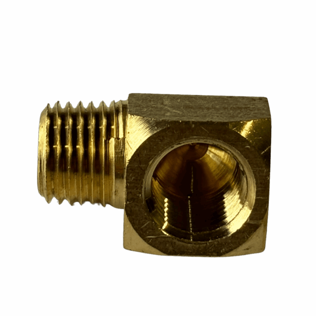 A brass right-angle pneumatic fitting with threaded ends.