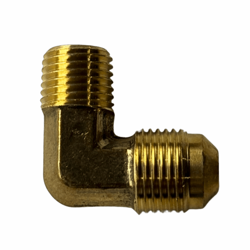 A brass elbow pipe fitting against a plain background.