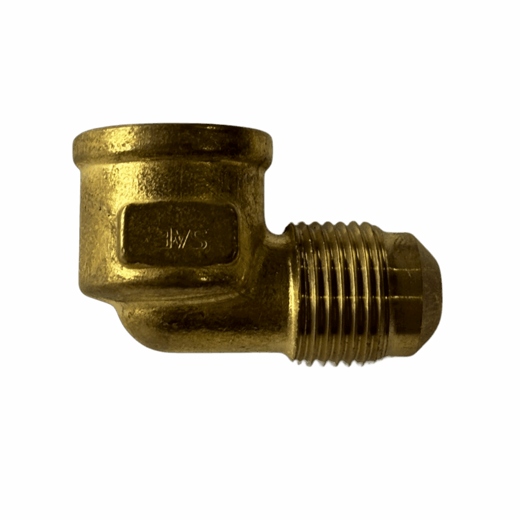 A brass pipe elbow fitting with threaded ends.