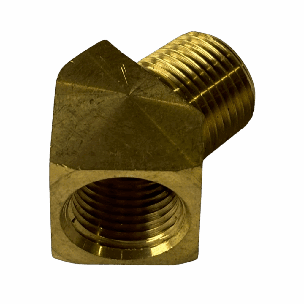 Brass 90-degree threaded elbow fitting with male and female ends.