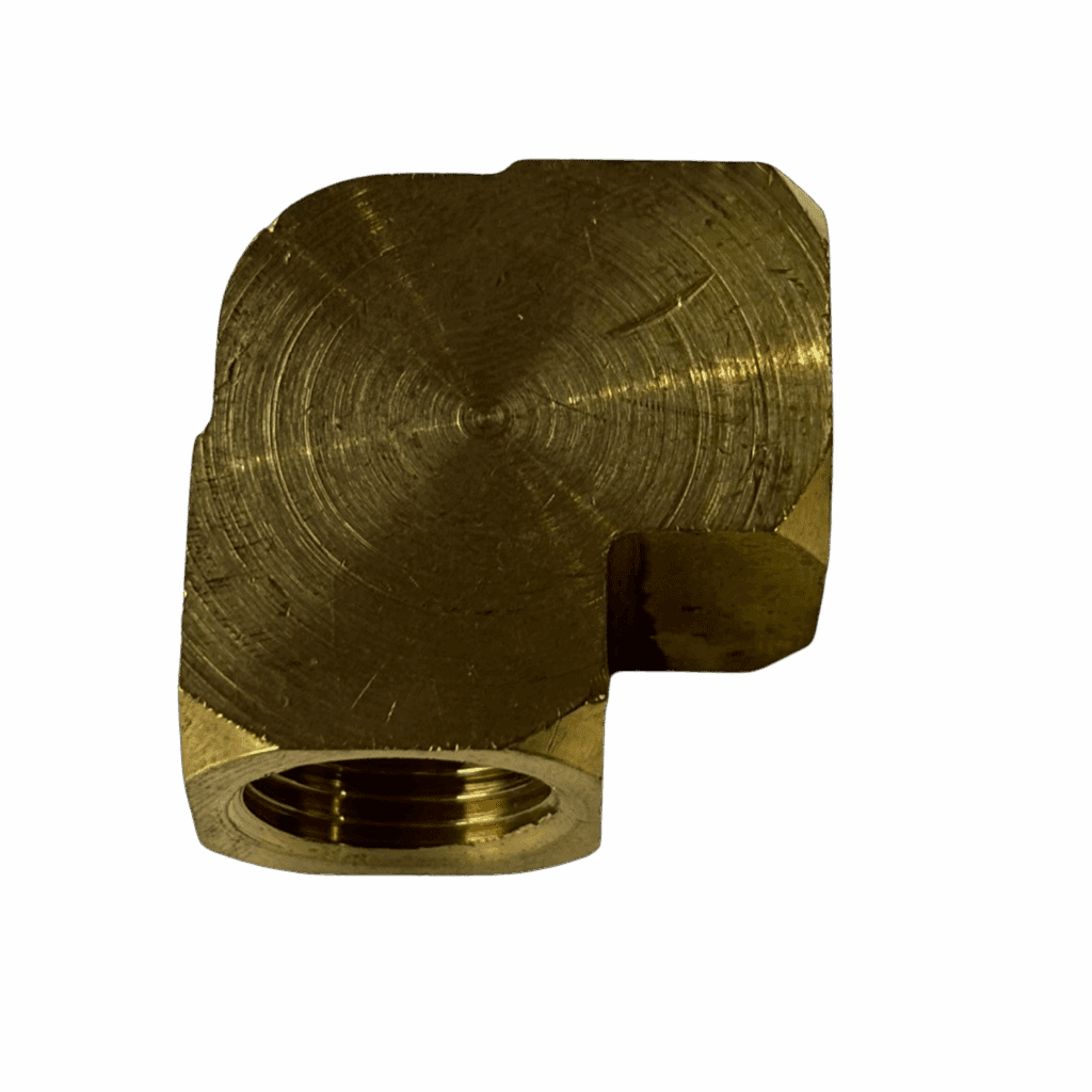 Brass 90-degree elbow pipe fitting with threaded ends.