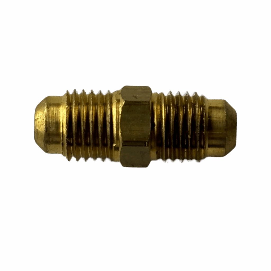 Brass double-ended flare fitting with hexagonal center section.