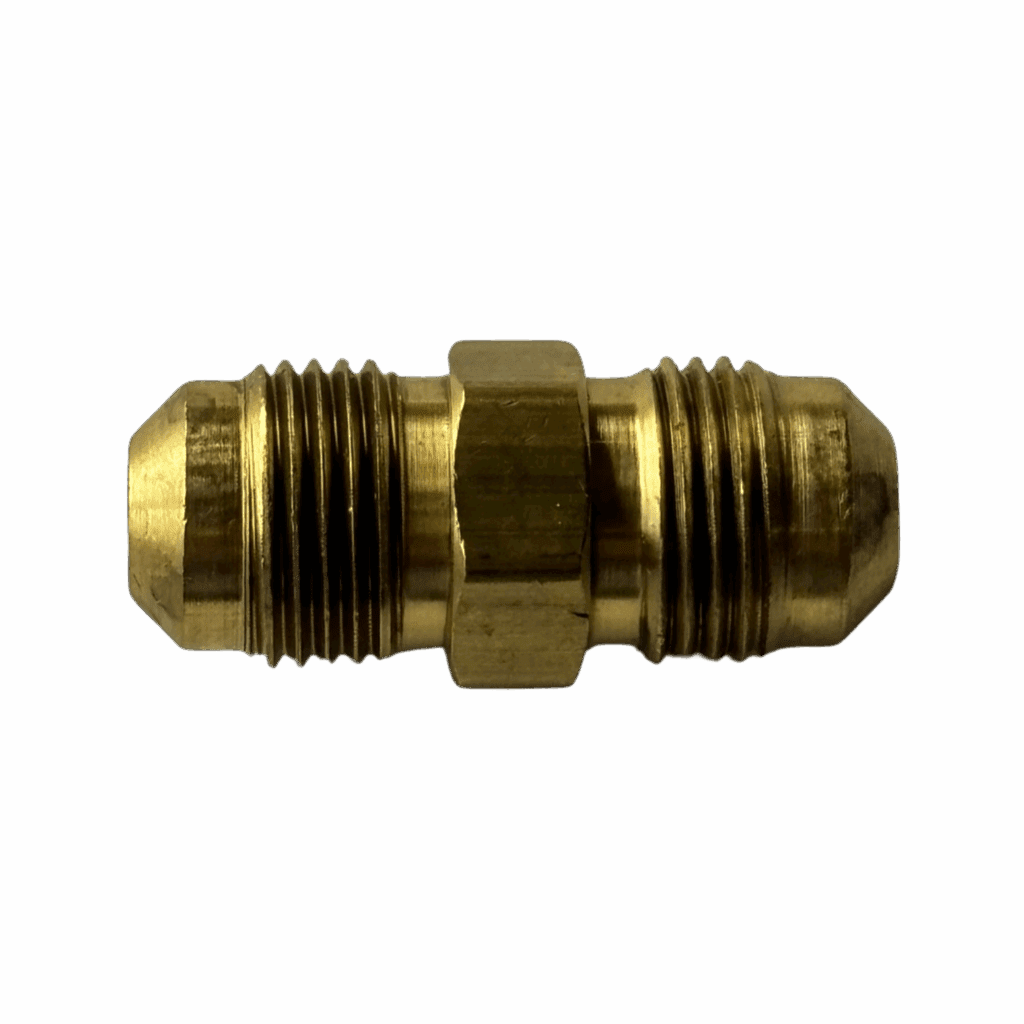 Brass pipe fitting with threaded ends for fluid connections.