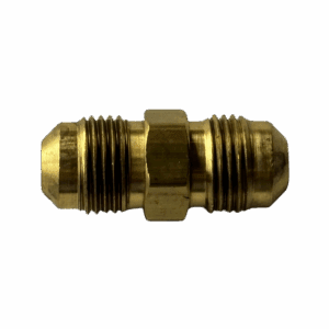 Brass pipe fitting with threaded ends for fluid connections.