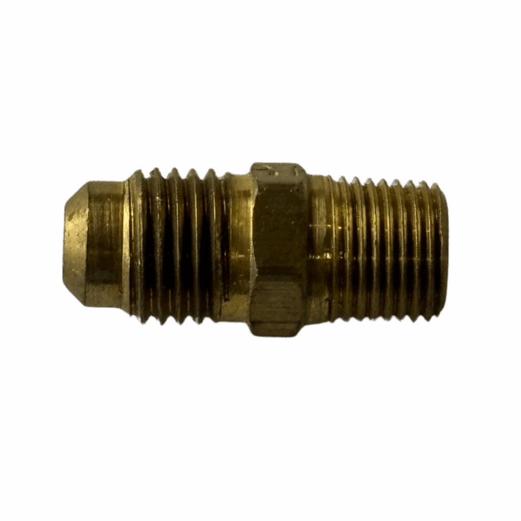 Close-up of a brass threaded pipe fitting against a neutral background.