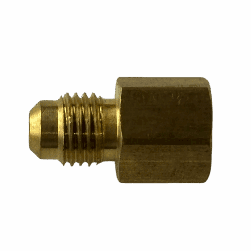 Brass threaded fitting with hexagonal body and threaded end.