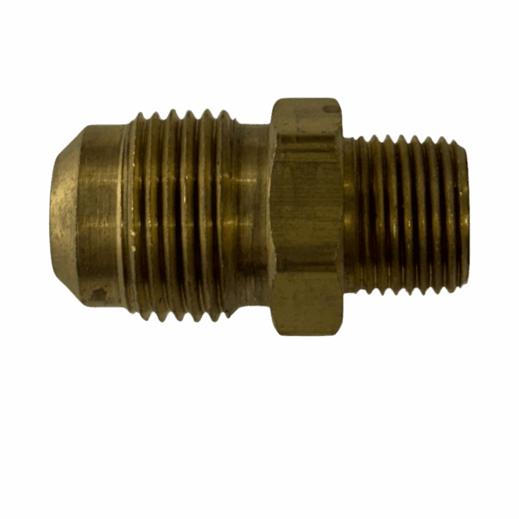 Brass threaded pipe fitting with hexagonal center for tightening.
