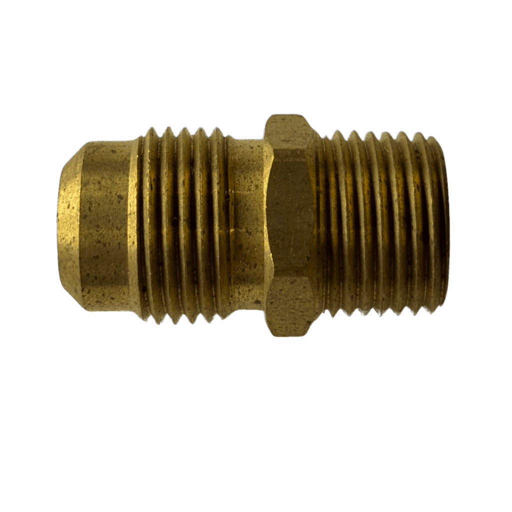 Close-up of a brass threaded pipe fitting against a dark background.