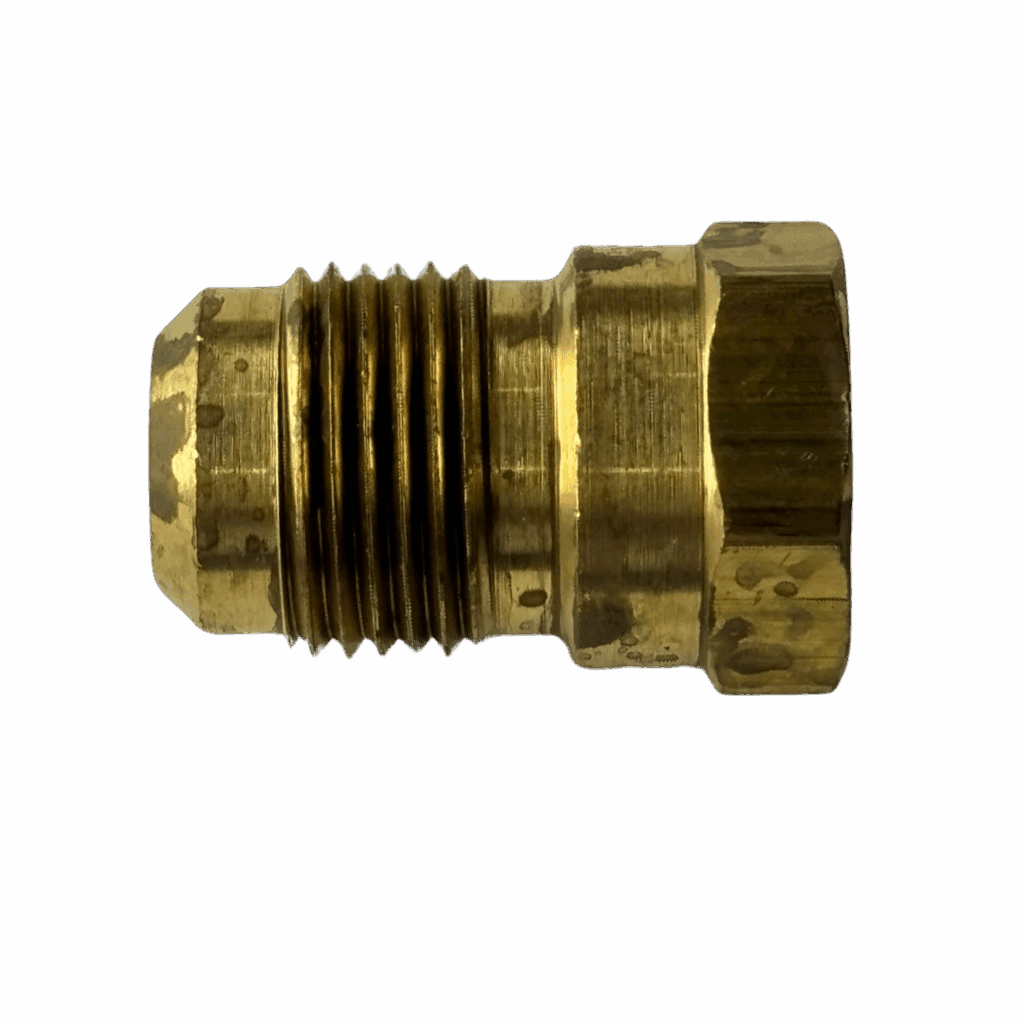 A brass threaded fitting with a hexagonal nut and a conical tip.