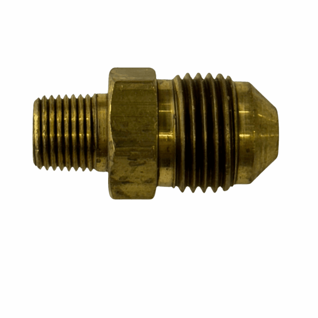 Brass pipe fitting with threaded ends on a neutral background.