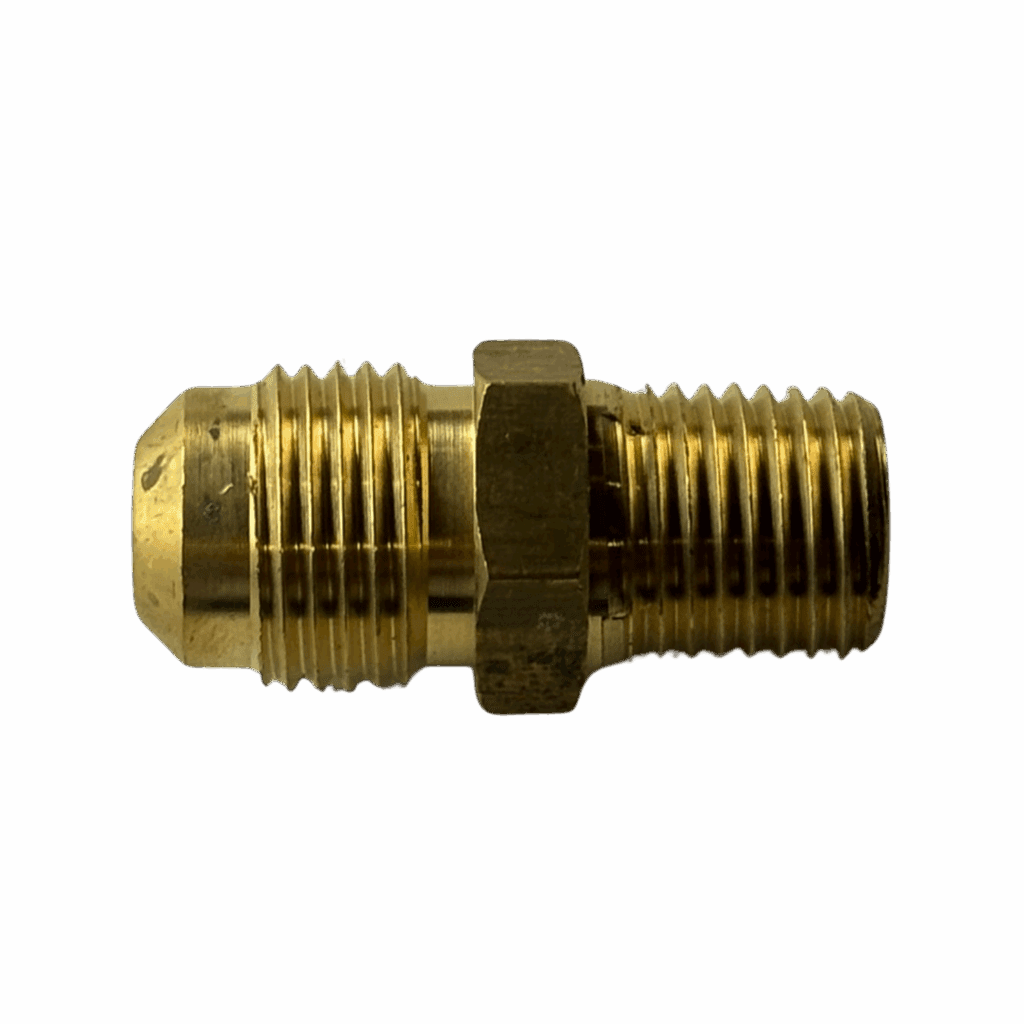 Brass pipe fitting with threaded ends for connecting pipes.