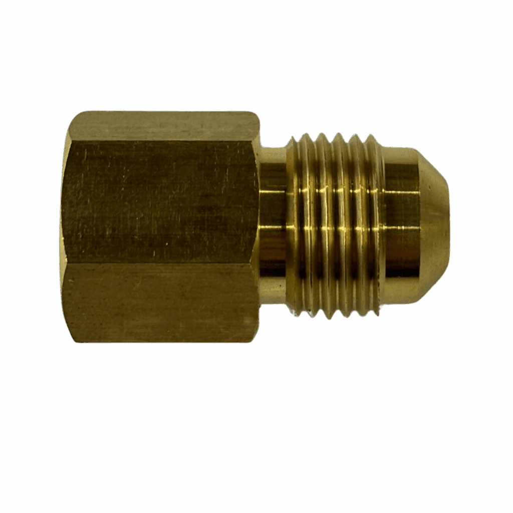 Close-up of a brass hexagonal pipe fitting with threaded ends.