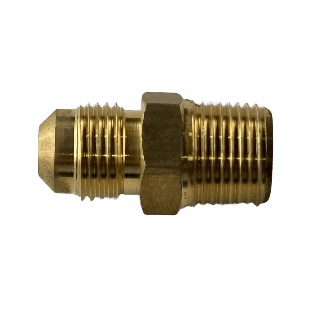 Close-up of a brass pipe fitting with threaded ends.