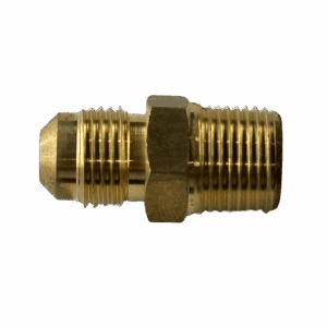 Close-up of a brass pipe fitting with threaded ends.