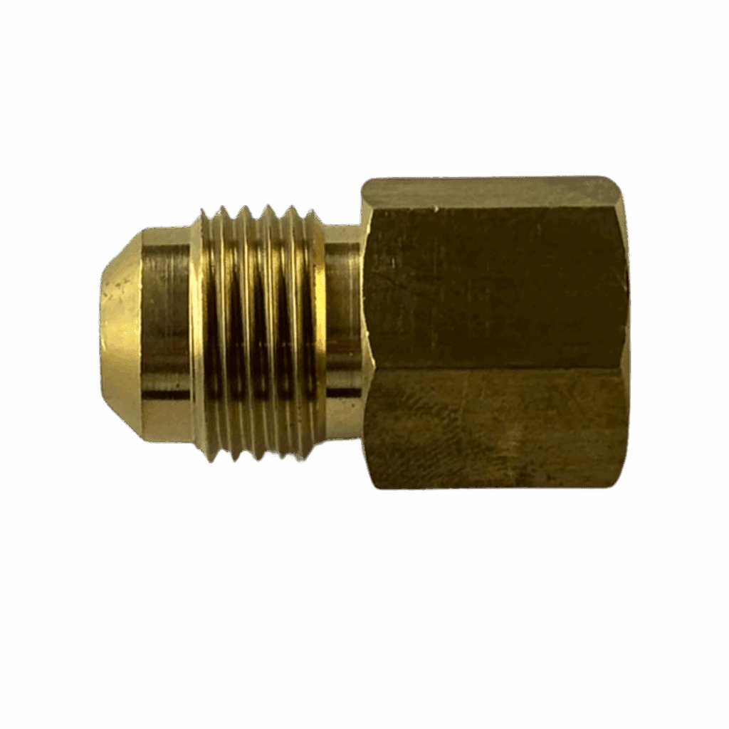 Close-up of a brass pipe fitting with threaded ends.