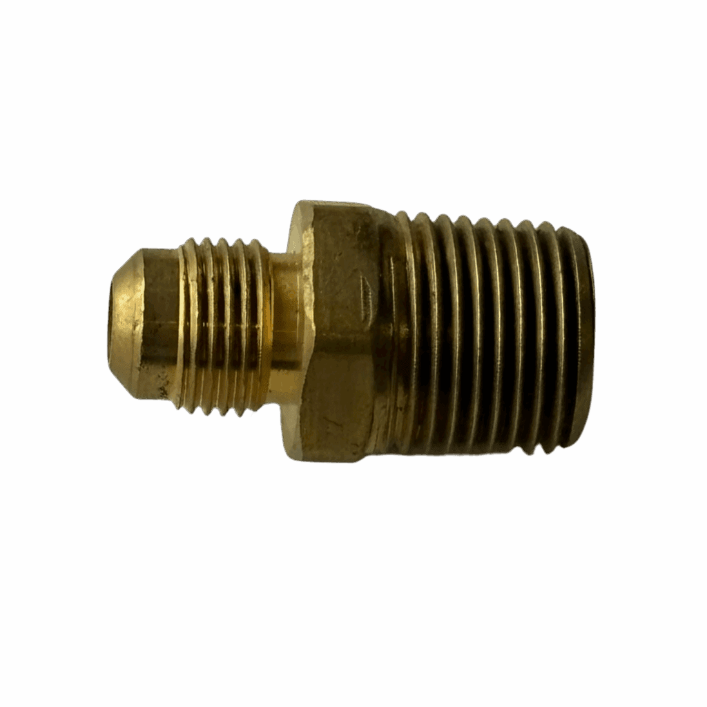Brass threaded pipe fitting with two different thread sizes.