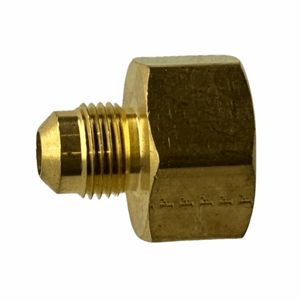 Brass pipe fitting adapter with hexagonal nut and threaded ends.