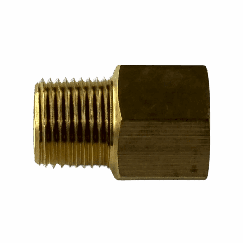 A brass pipe fitting with male and female threaded ends.