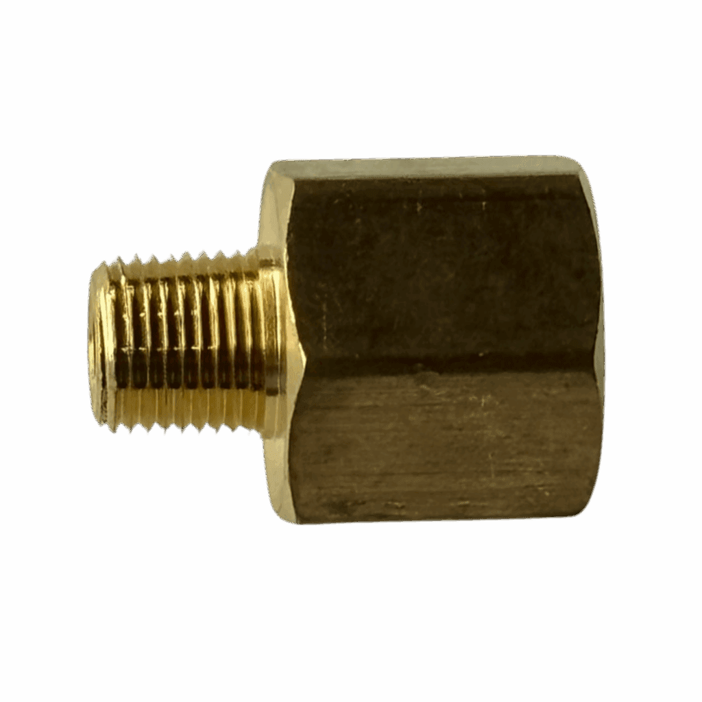 Brass adapter fitting with male and female threaded ends.