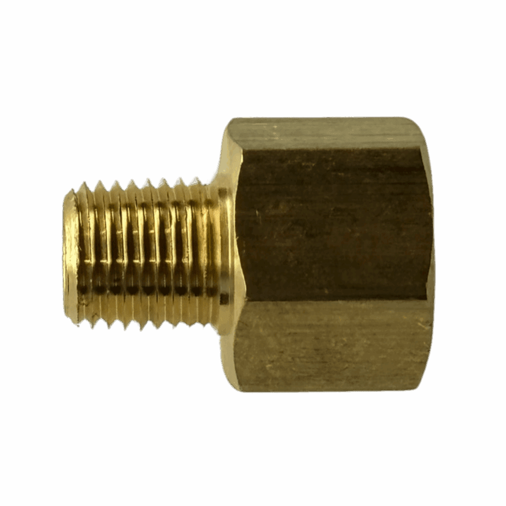 Brass pipe fitting with male and female threaded ends.