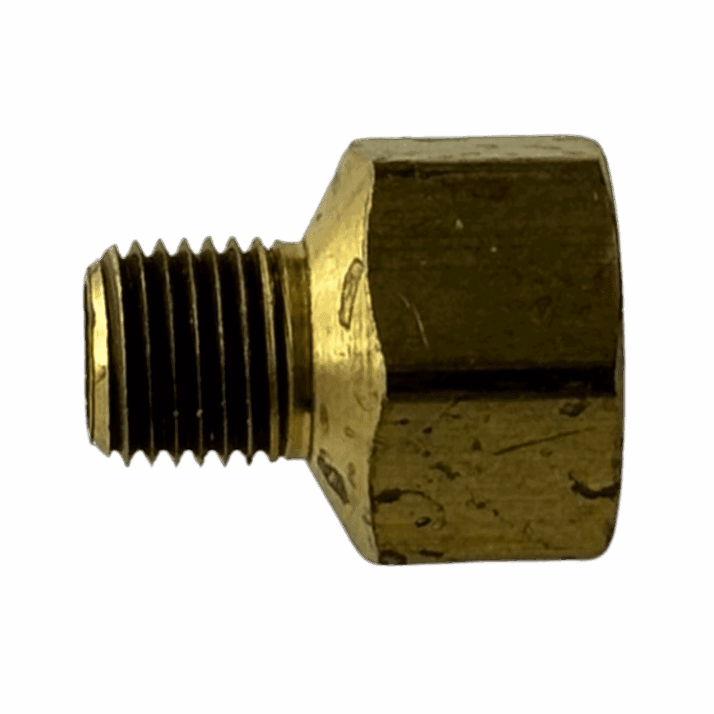 Brass pipe fitting with threaded ends for plumbing connections.