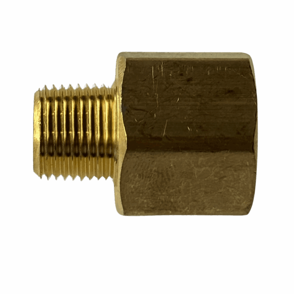 A brass pipe fitting with male and female threaded ends.