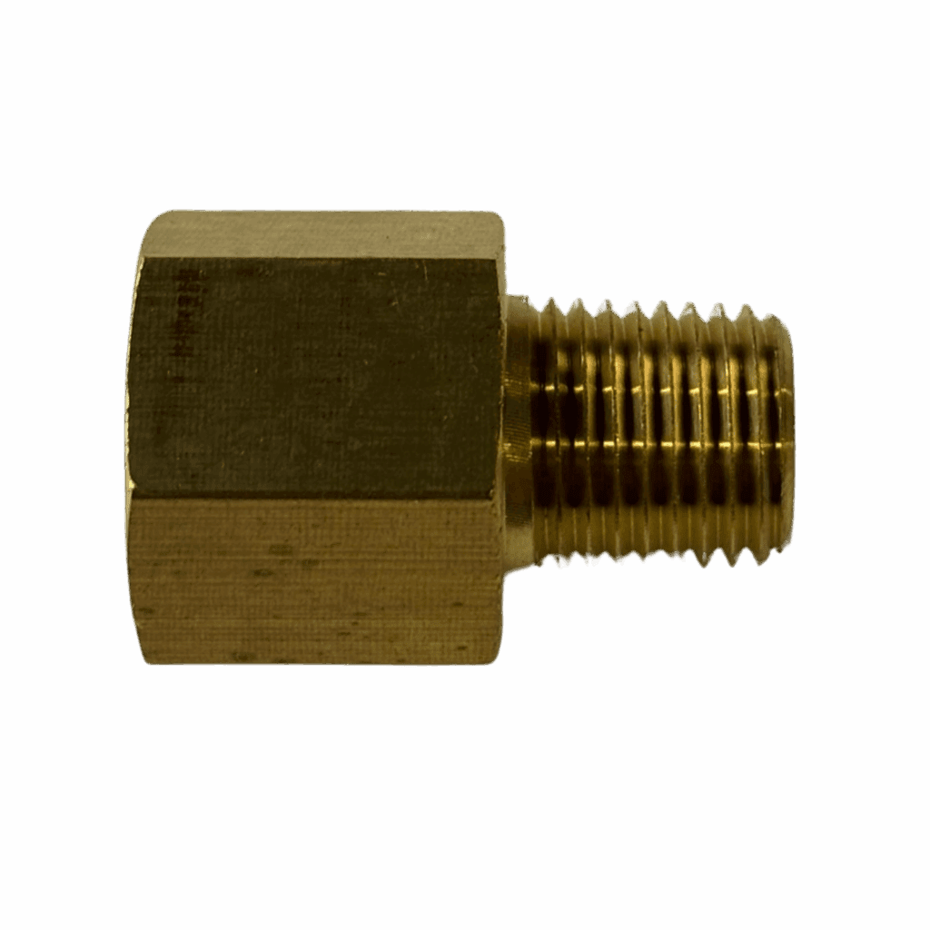 Brass pipe fitting with threaded ends for plumbing connections.