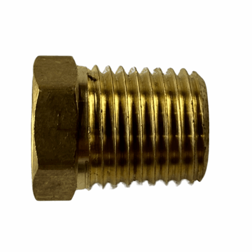 A close-up of a brass hex bolt with external threading.