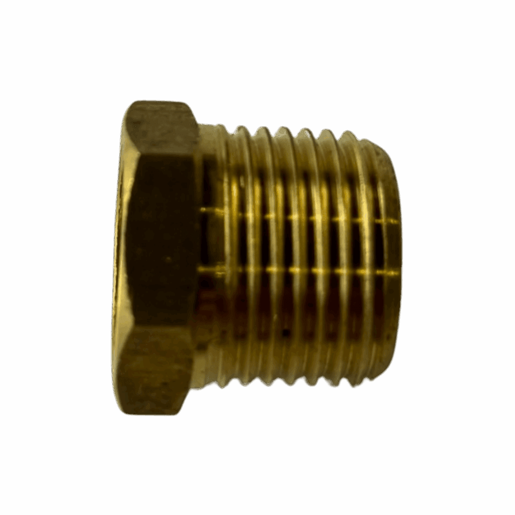 Close-up of a brass threaded pipe fitting against a dark background.