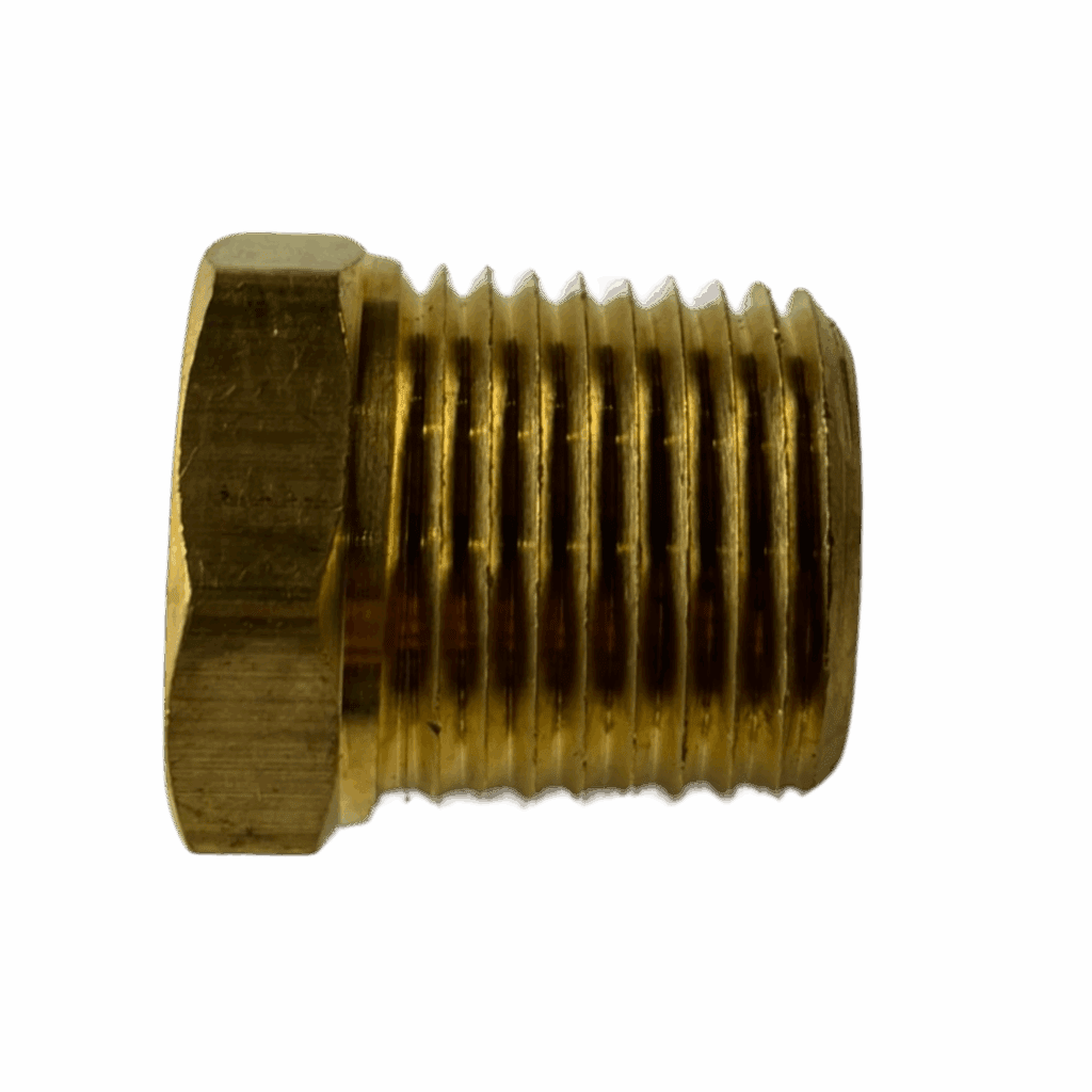 A brass hexagonal threaded pipe fitting.