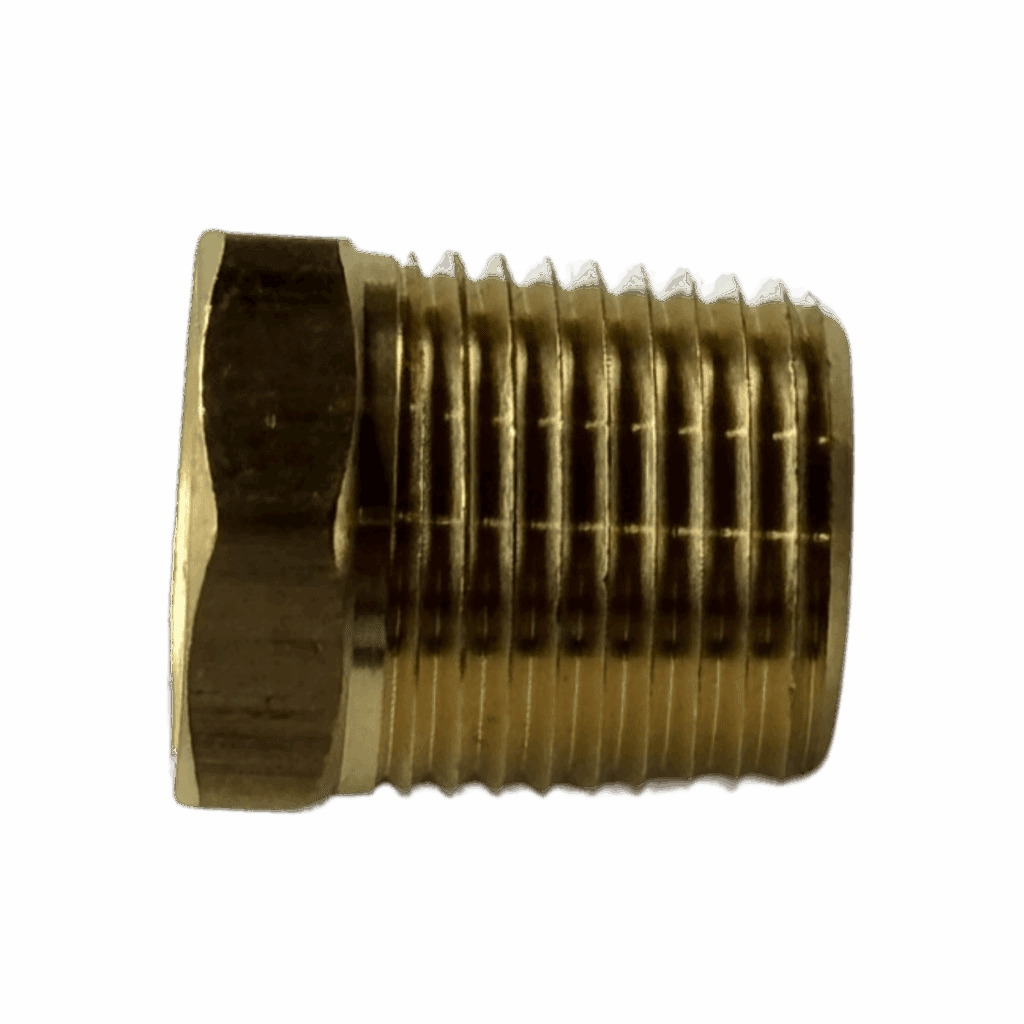 A brass threaded pipe fitting with a hexagonal head.