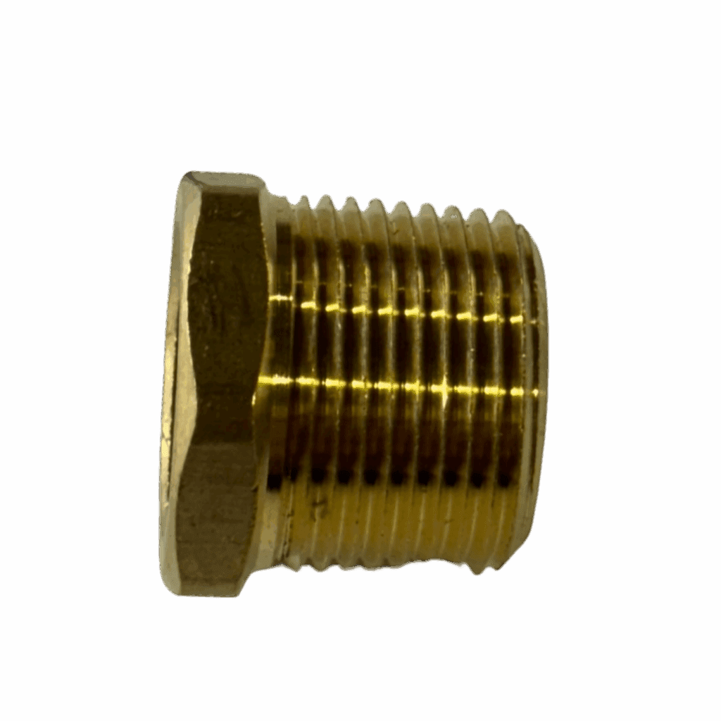 Close-up of a brass threaded pipe fitting on a plain background.