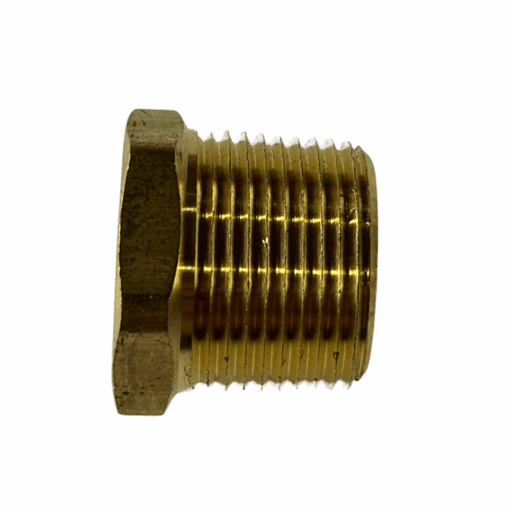 A shiny brass threaded pipe fitting with a hexagonal head.