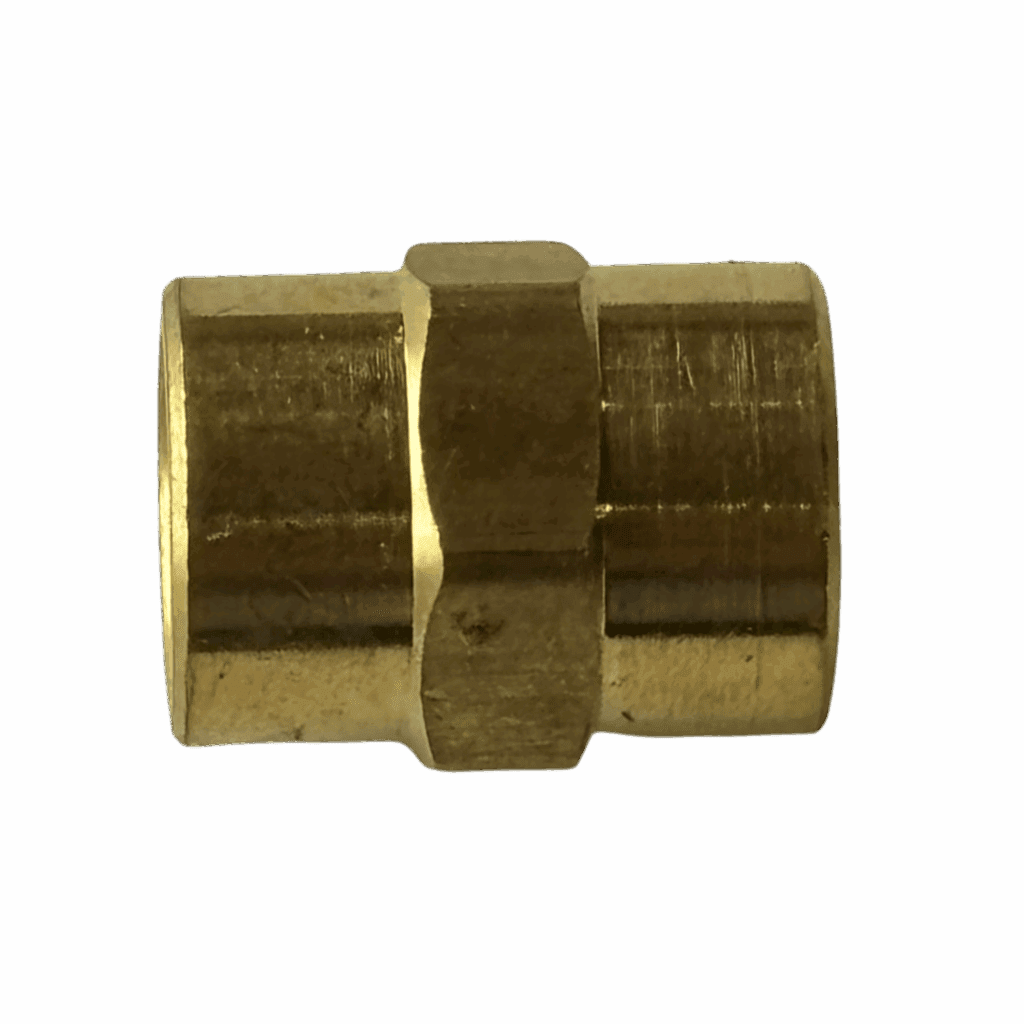 Close-up of a brass pipe fitting with hexagonal middle section.