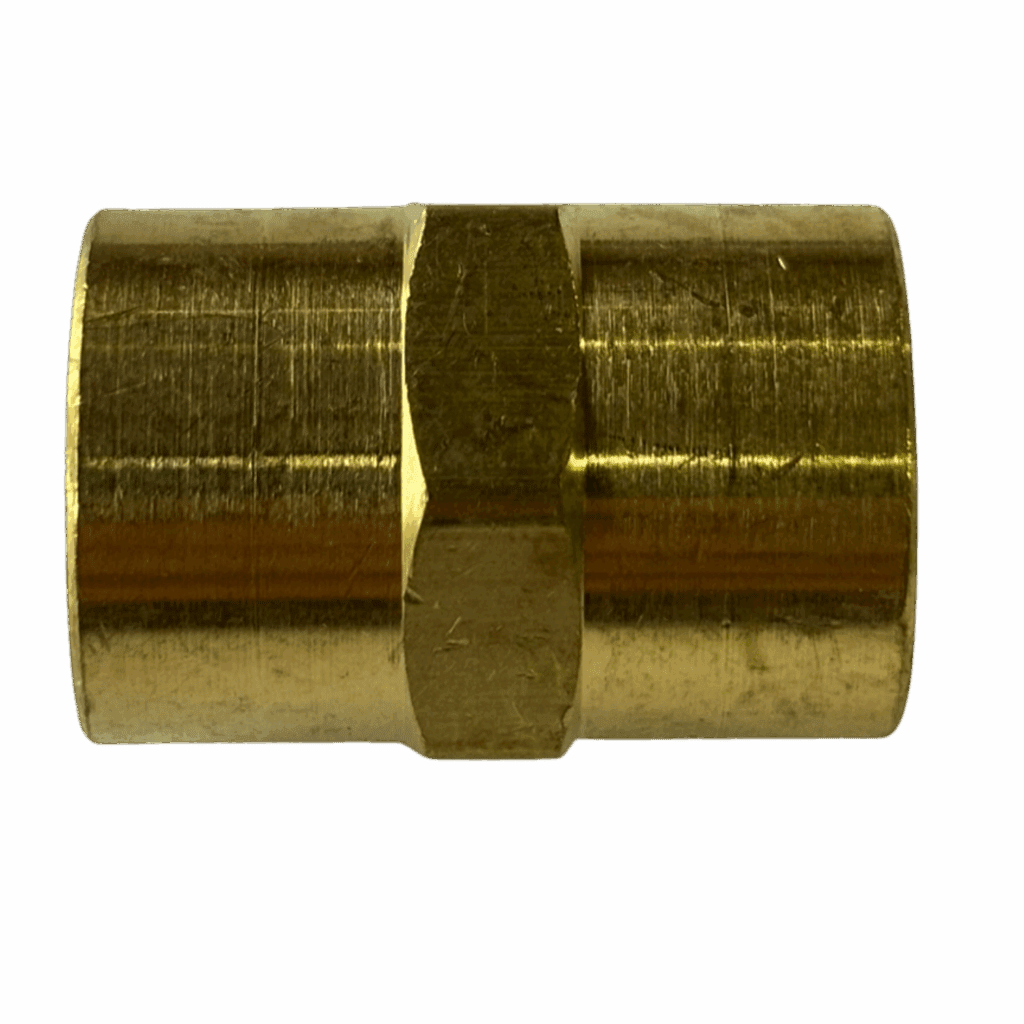 Brass hexagonal coupling fitting for pipes or tubes.