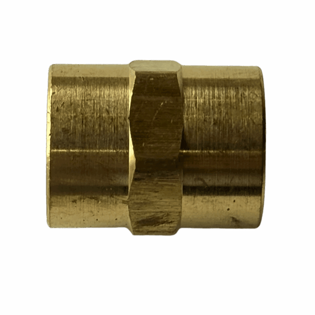 A brass plumbing coupling fitting on a neutral background.