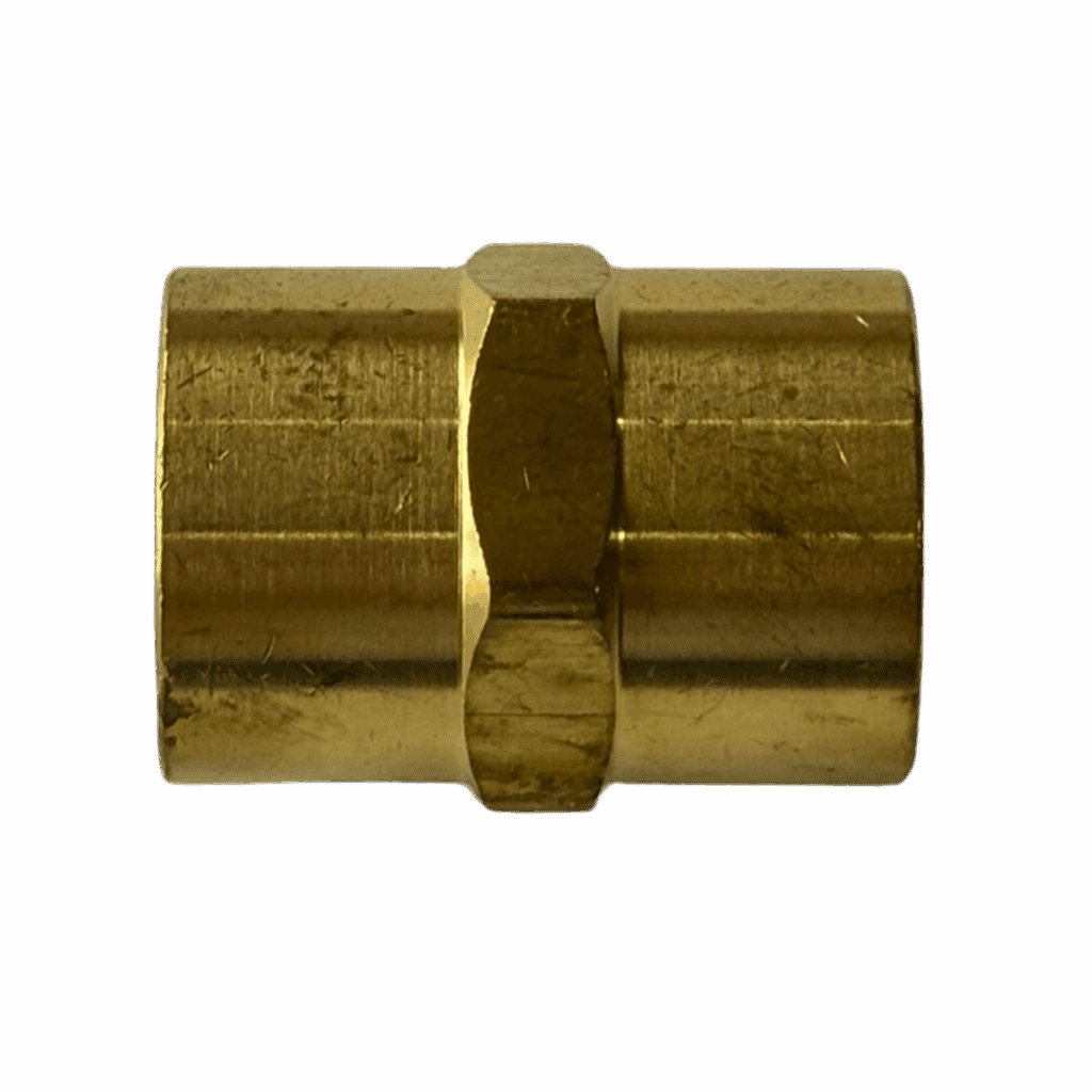 Brass pipe fitting with hexagonal middle section.