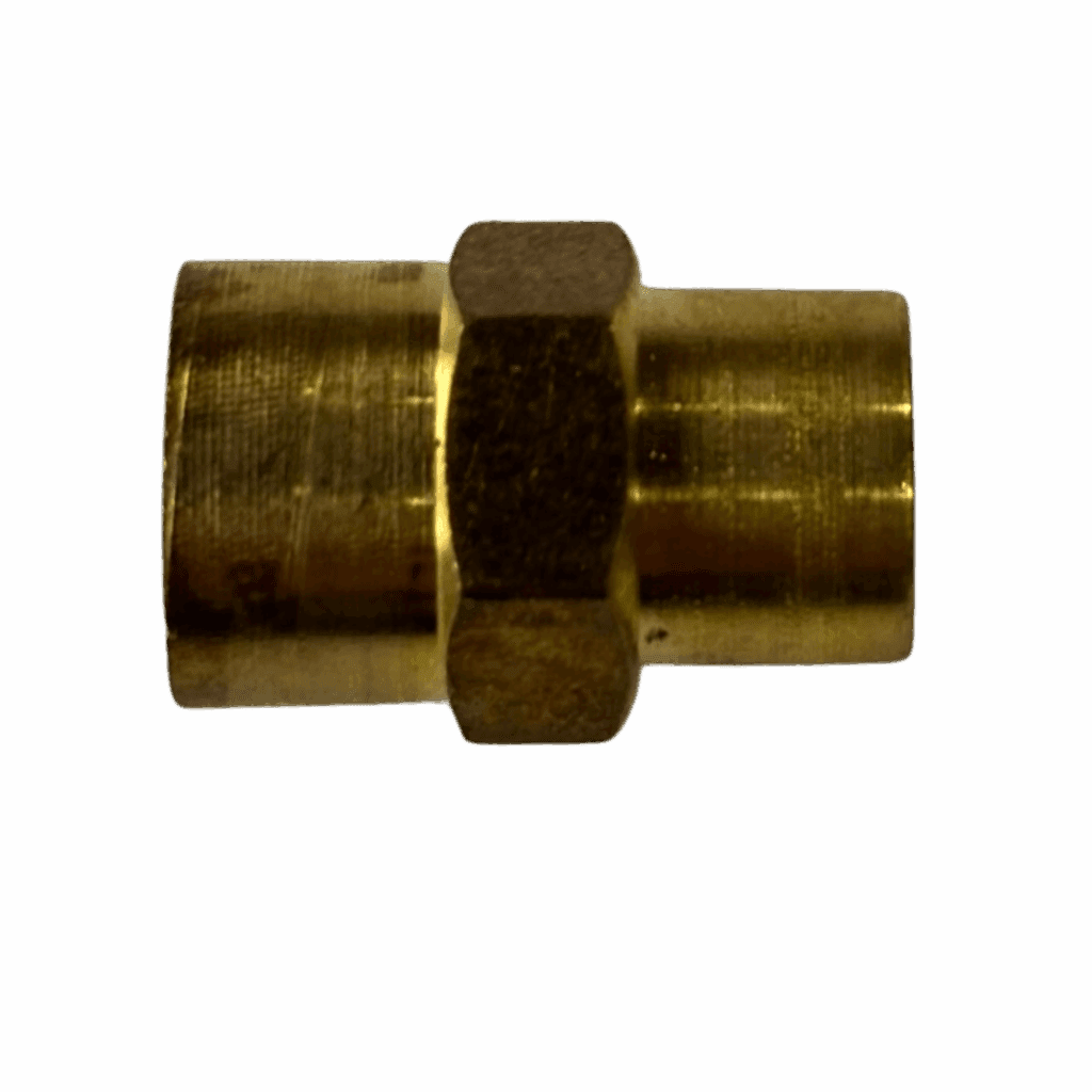 A brass pipe fitting with threaded ends and hexagonal middle.