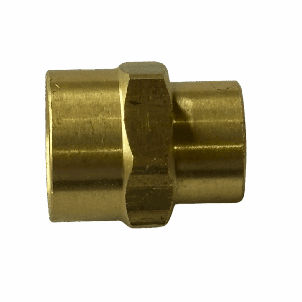 A brass pipe fitting with threaded ends.