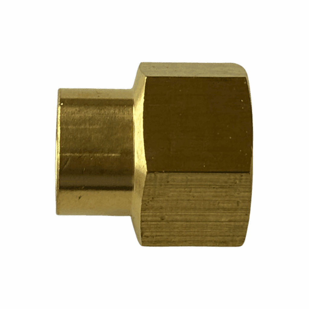 A brass plumbing fitting with hexagonal and cylindrical ends.
