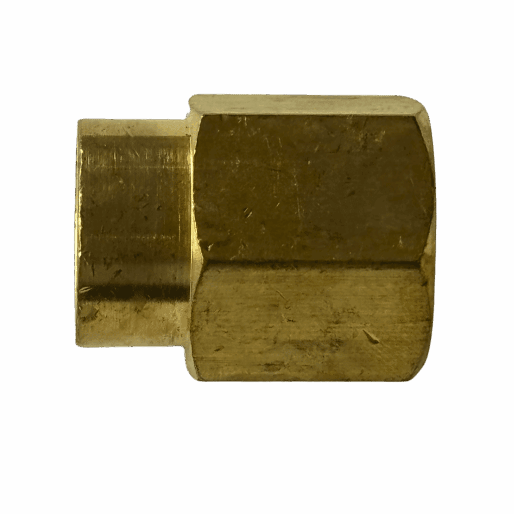 A brass hexagonal pipe fitting with a threaded end.
