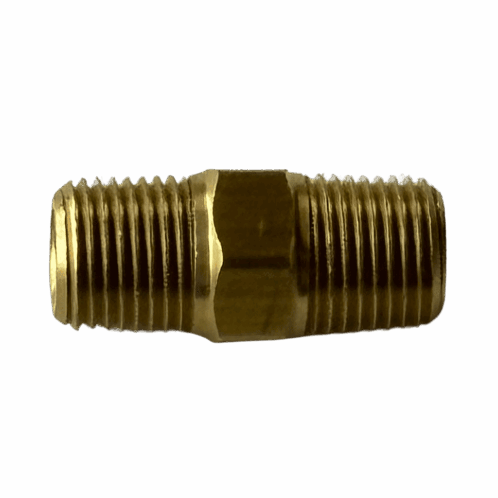 A brass threaded pipe fitting with male ends.
