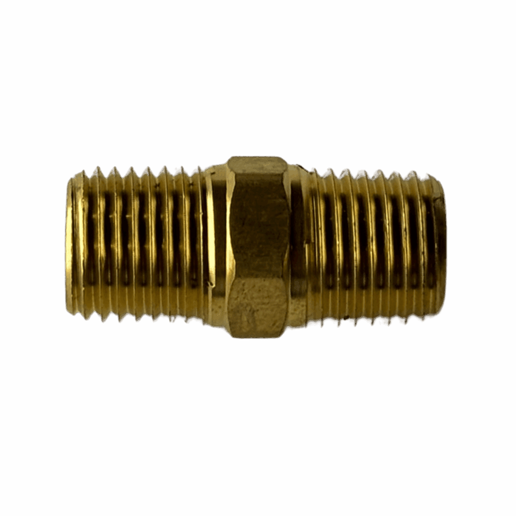 Brass pipe fitting with threaded ends on a brown background.
