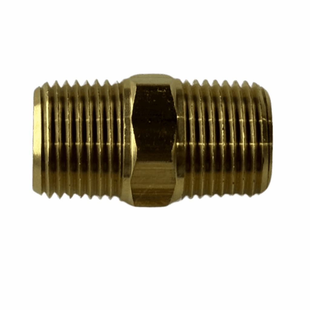 Brass pipe fitting with threaded ends for plumbing connections.