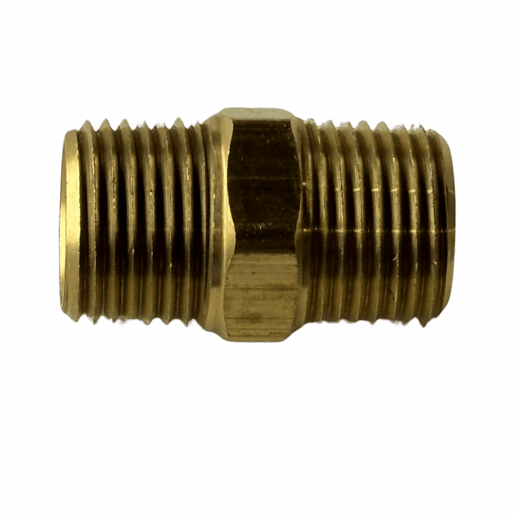 Close-up of a brass pipe fitting with threaded ends.