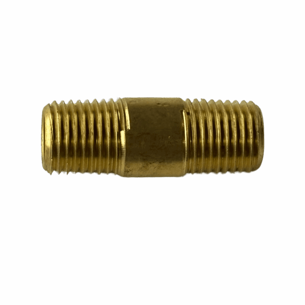 A brass pipe nipple with male threads on both ends.